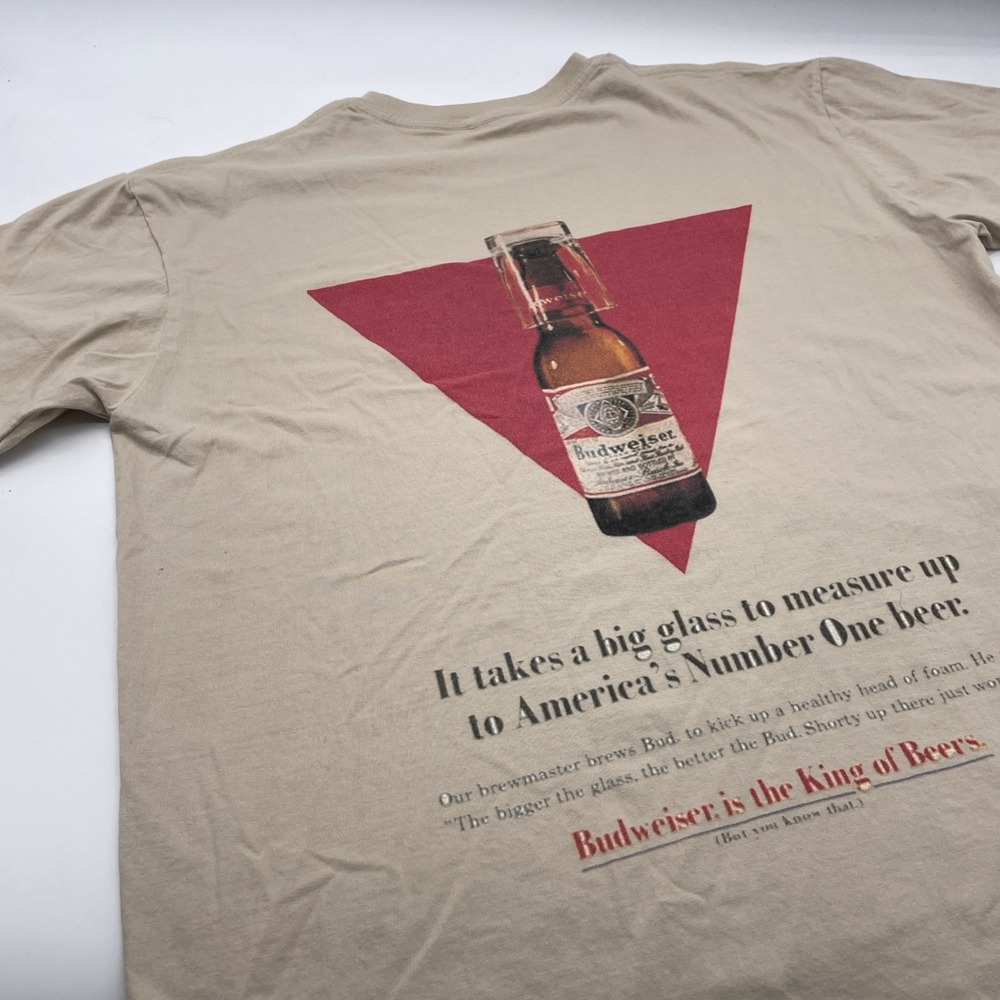 Budweiser Kin of Beers Sz Large  Tshirt Tee Distressed‎ Mens Short Sleeve Cream